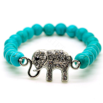 Atacado Turquesa 8MM Rodada Beads Stretch Gemstone Bracelet com Diamante Elephant Attachment